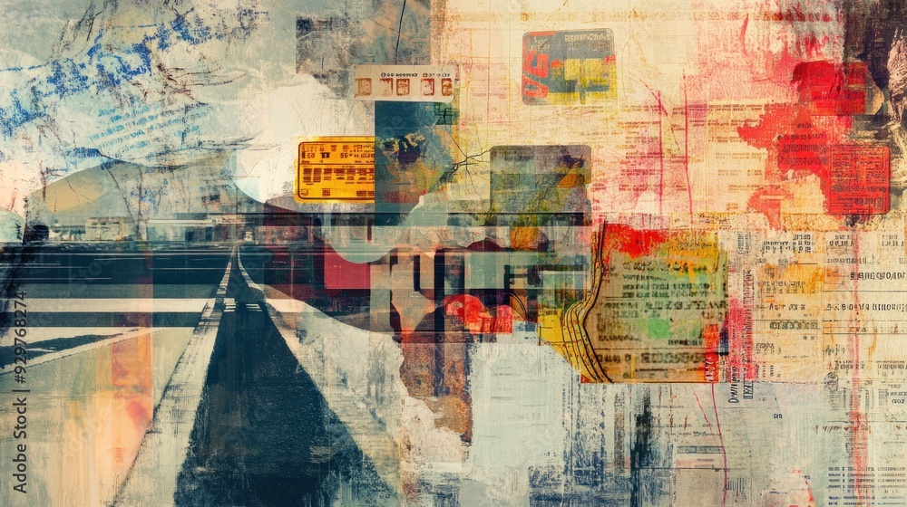 Poster Abstract Collage with Cityscape and Textured Surfaces