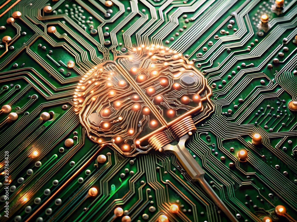 Poster delicate copper lines and shimmering silver components dance across a verdant green motherboard, ill