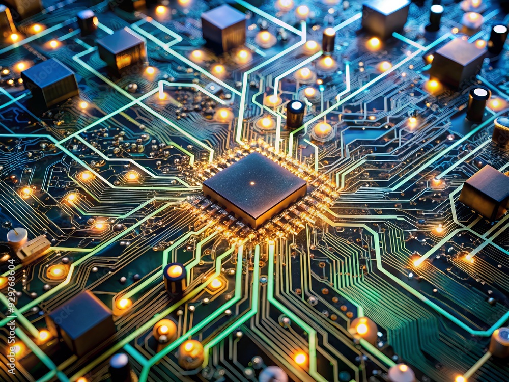 Poster intricate networks of microchips, wires, and capacitors form a mesmerizing pattern on a circuit boar