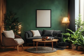 Modern Living Room with Green Walls, Black Sofa, and Wooden Coffee Table - Perfect for Relaxing and Entertaining
