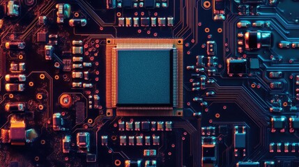 Fototapeta premium Circuit Board Closeup with Red and Blue Lighting