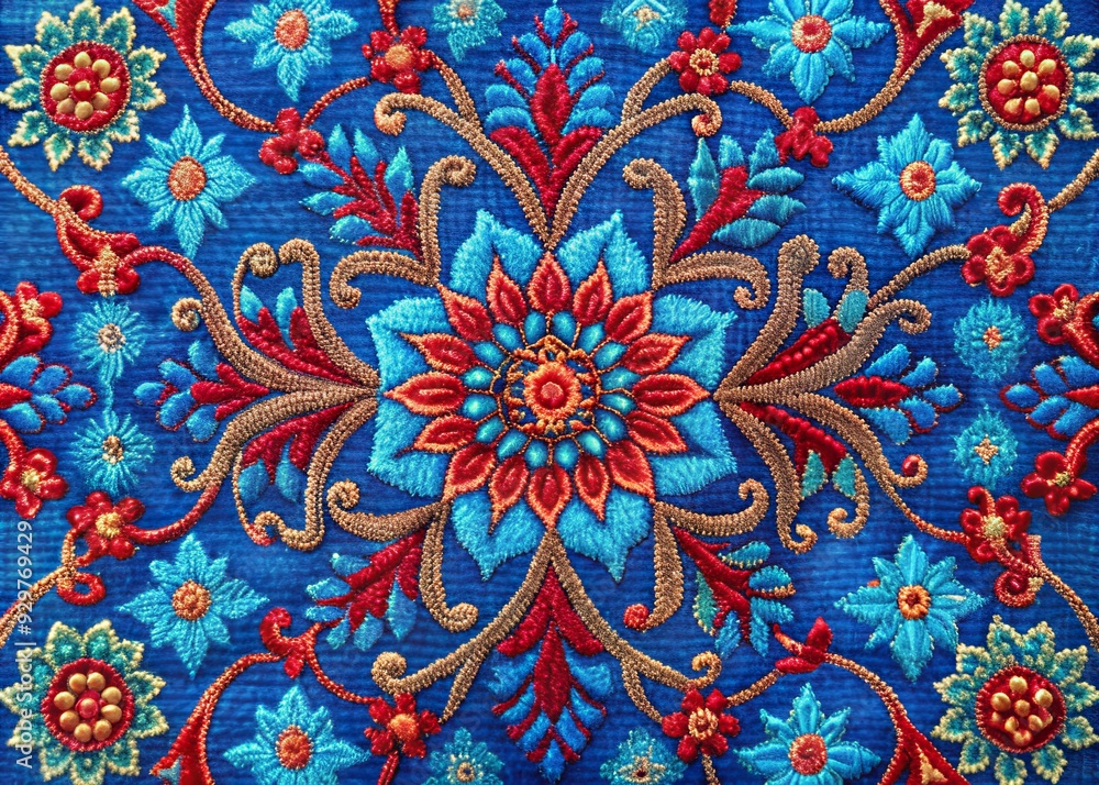 Poster vibrant blue textile art with intricate red design elements forms a stunning abstract pattern on a r