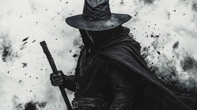 Vampire hunter with a broken stake, eerie glow from Halloween party masks, cursed with dark magic, detailed shadow work, gothic realism, isolated on white background