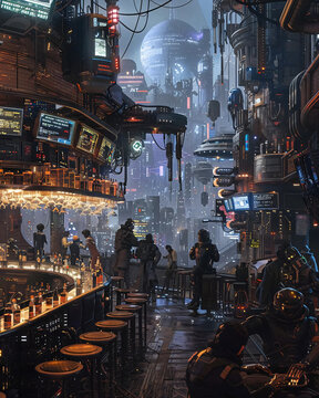  a bustling cyberpunk city street at night, with a bar in the foreground and towering skyscrapers in the background.