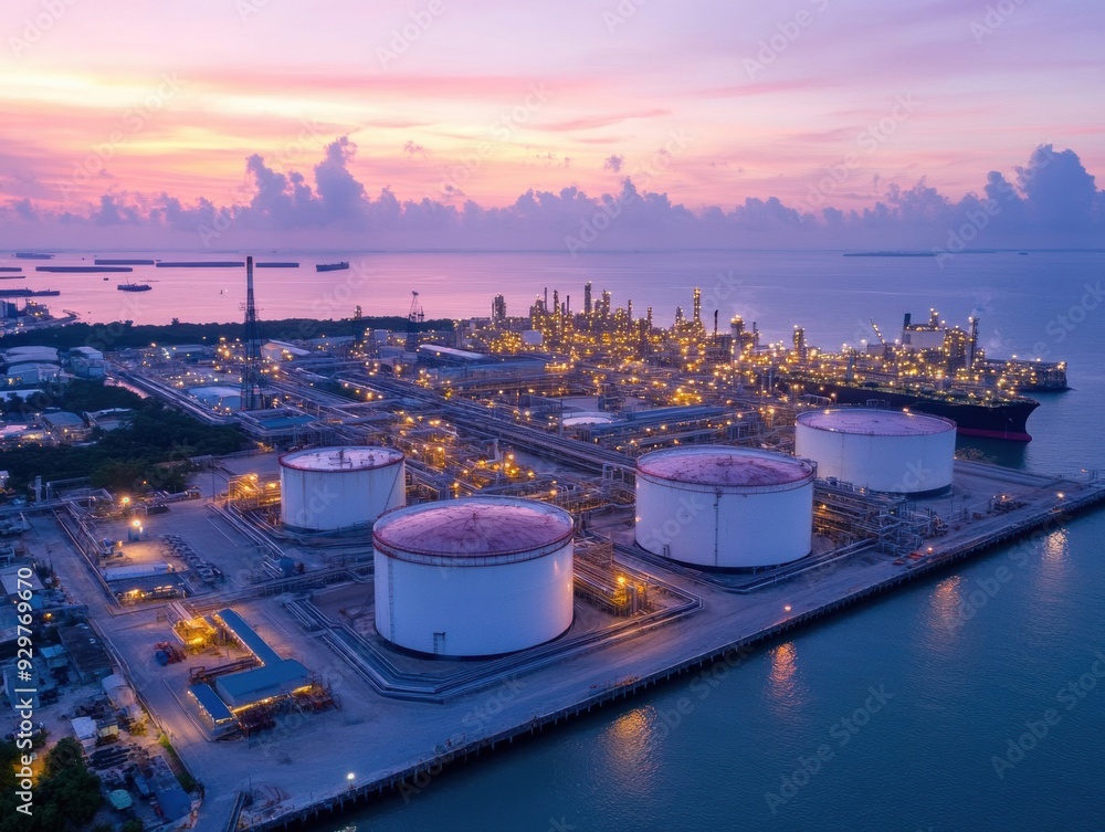 Wall mural An aerial shot of an expansive crude oil refinery by the sea, with ships docked for loading, highlighting the facility's role in meeting global demand.