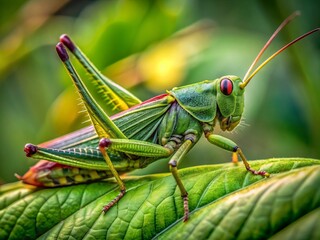 Fototapeta premium Vibrant green grasshopper with intricate details and delicate wings perched on a leaf, showcasing its impressive camouflage in a lush green natural environment.