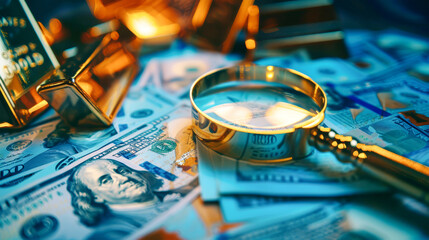 Naklejka premium Gold bars and dollar bills are examined closely through a magnifying glass against the backdrop of stock charts in a calming blue ambiance