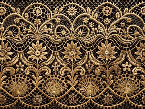 Exquisite gold lace pattern on rich black background, showcasing ornate filigree design, opulent texture, and sophisticated elegance, perfect for luxury and glamour themes.