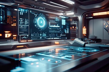 Futuristic control room with advanced digital interfaces and data screens
