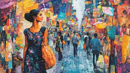 Woman with Bag in Abstract Cityscape