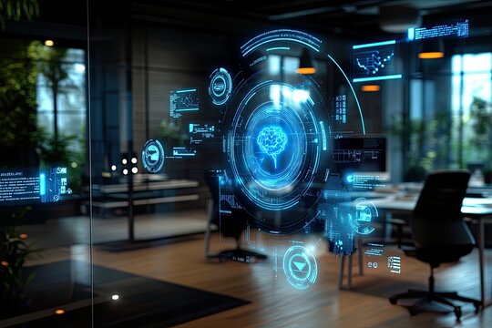 High-tech office with holographic AI interfaces and digital displays, featuring advanced algorithms and modern design in a sleek, futuristic workspace.