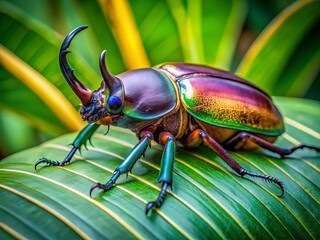Fototapeta premium Vibrant close-up of a majestic rhinoceros beetle perched on a lush green leaf, flaunting its striking horns and iridescent shell amidst a serene natural backdrop.