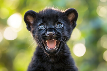 A happy panther cub with a playful expression and a wide smile.