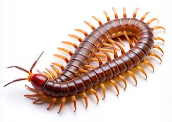 Obraz premium Macro shot of a centipede's elongated body with numerous legs splayed out to the sides, resting on a clean, isolated white studio background.