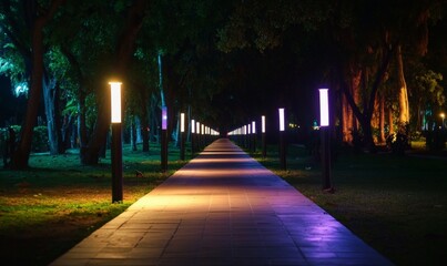 Obraz premium Illuminated Midnight Pathway: Serene Asphalt Trail with Atmospheric Lighting Creates Tranquil Nocturnal Ambiance for Late-Night Strolls and Urban Exploration. Enchanting Cityscape Design for Peaceful 