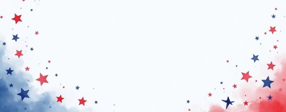 A soft faded watercolor star border design in red, white, and blue, ideal for Independence Day, Memorial Day, Labor Day, with copy space for versatile applications.