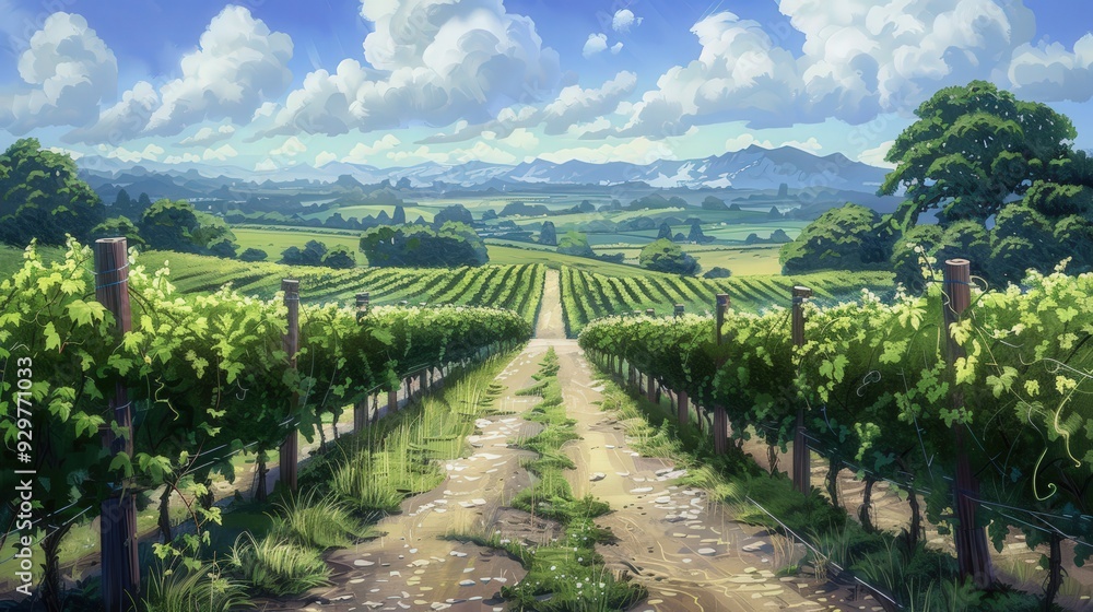 Poster depict two roads running parallel through a picturesque vineyard, with rows of grapevines on either 