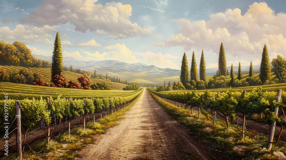 Poster depict two roads running parallel through a picturesque vineyard, with rows of grapevines on either 