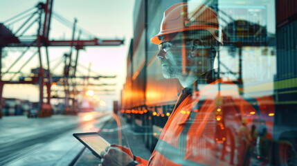 A logistics worker in a safety vest uses a tablet to manage data in a bustling container port, surrounded by towering cranes and freight containers