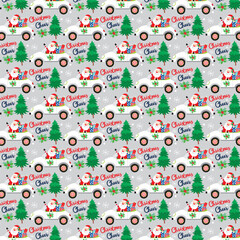 Christmas seamless pattern with santa, car and tree