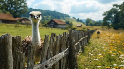 Close-Up of an Ostrich on a Farm Near Wooden Fence with Blurred Landscape Background of Mountains and Green Meadow in Rural Area