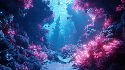 Naklejka premium Underwater Canyon with Bioluminescent Coral and Fish