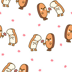 Funny couple bread cartoon characters. Seamless pattern. Cute kawaii bakery friends. Hand drawn style. Vector drawing. Design ornaments.