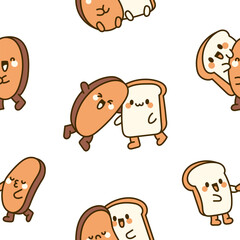 Funny couple bread cartoon characters. Seamless pattern. Cute kawaii bakery friends. Hand drawn style. Vector drawing. Design ornaments.