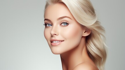 Young woman showcasing cheek filler treatment for lifted cheekbones on white background