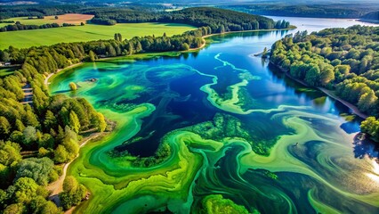 Vibrant greens and blues swirl in mesmerizing patterns as a massive algae bloom transforms a tranquil lake into a stunning organic masterpiece from above.