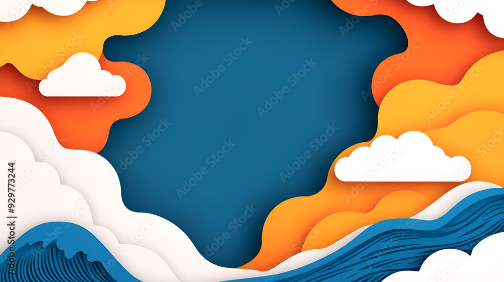 Wall mural Colorful Paper Cut Out Clouds and Waves Background - Perfect for Design Projects!