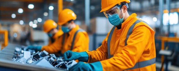 Workers in safety gear sorting electronic waste on a conveyor belt, vibrant lighting, focused expressions, recycling factory, e-waste management