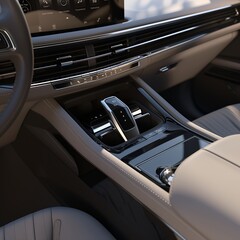 Obraz premium Interior view of a modern vehicle's center console with sleek design and controls.