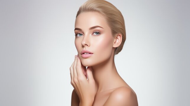 European woman smiling, touching cheek   cheek filler treatment and cheekbones lifting concept