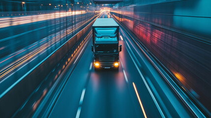 Fototapeta premium Globale vernetzte Lieferkette durch smarte innovative Logistikprozesse LKW Schiff Weltkarte leuchtpunkte Bewegung Generative AI