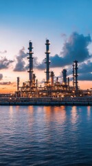 Obraz premium A cityscape in the background of a sprawling crude oil refinery, illustrating the link between urban demand and large-scale energy production.