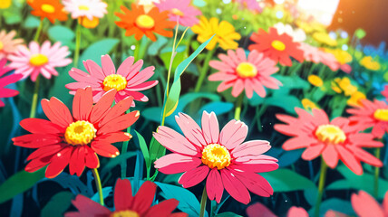 Fototapeta premium Vibrant Meadow Blooms, nature background wallpaper, anime illustration drawing