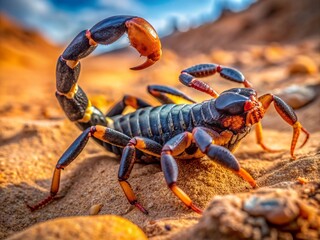 Menacing black and orange scorpion in desert habitat assumes defensive stance, revealing curled tail with venom-filled stinger, showcasing its potent and deadly capabilities.