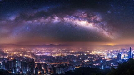Fototapeta premium Nighttime View of a City Skyline Under a Starry Milky Way Galaxy