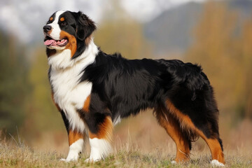 A majestic Bernese Mountain Dog standing tall, with its thick tri-colored fur, calm eyes, and friendly demeanor.