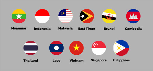 Flags of Southeast Asian countries, Vector Illustration. Myanmar, Indonesia, Malaysia, East Timor, Brunei, Cambodia, Thailand, Laos, Vietnam, Singapore, Philippines