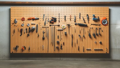 Versatile Wooden Pegboard: Customizable Storage Solution for Garage Organization and Tool Display. Efficient and Aesthetic Workshop Management System Enhances Productivity and Visual Appeal in Home Im