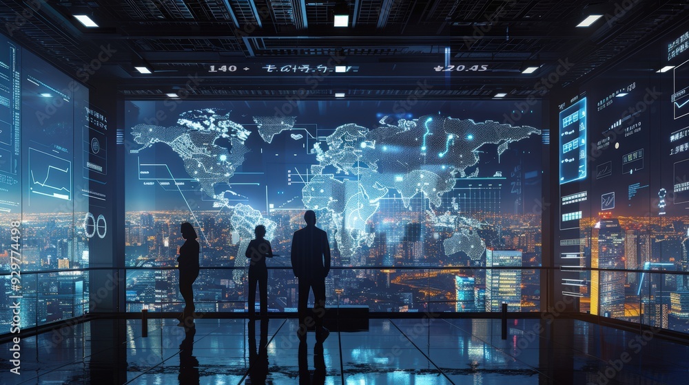 Poster design a global business environment with a high-tech control center and digital displays of interna