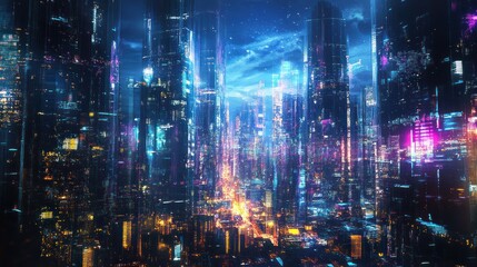 Futuristic Cityscape with Neon Lights at Night