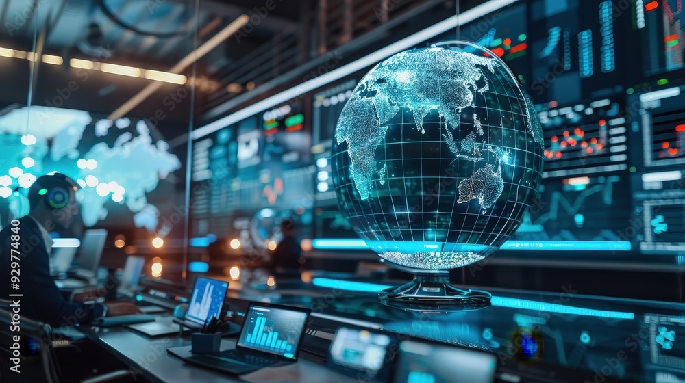 Poster design a global business setting featuring a digital globe and financial graphs displayed on large s