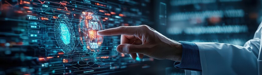 Fototapeta premium Doctor s hand interacting with a holographic AI-driven health dashboard, close-up, symbolizing futuristic patient care