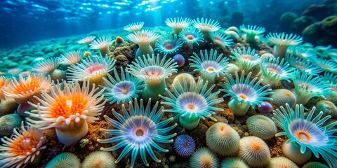 Fototapeta premium Vibrant coral polyps burst forth with packages of reproductive cells, releasing bundles of sperm and eggs into the crystal-clear turquoise water column, amidst a kaleidoscope of marine life.