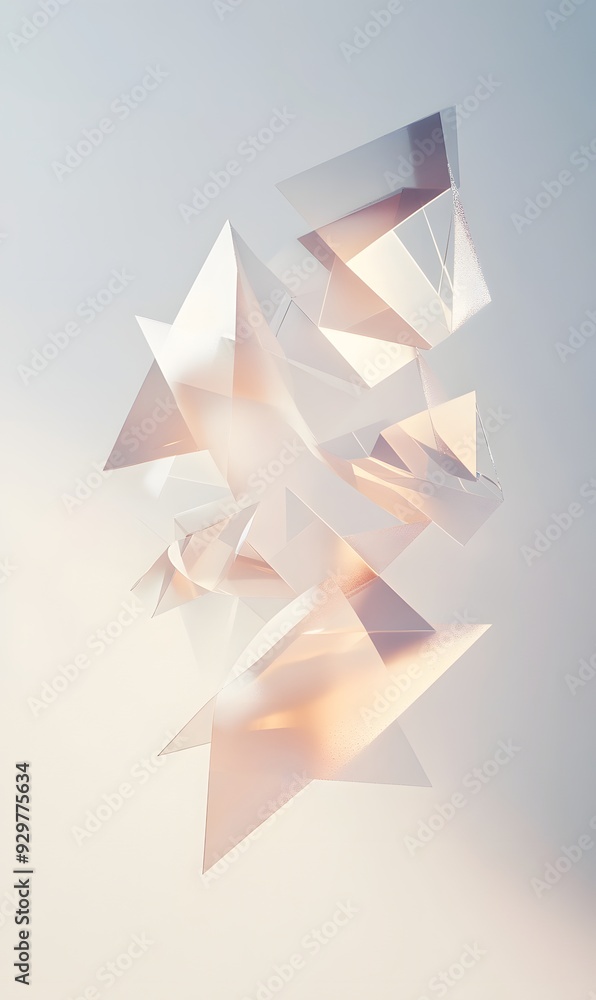 Poster 49. elegant 3d geometric composition with floating prisms and subtle gradients, set against a pristi