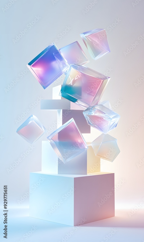 Poster 49. elegant 3d geometric composition with floating prisms and subtle gradients, set against a pristi