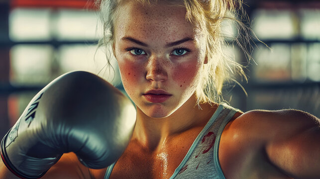 Focused Female Boxer Ready for Training in the Ring